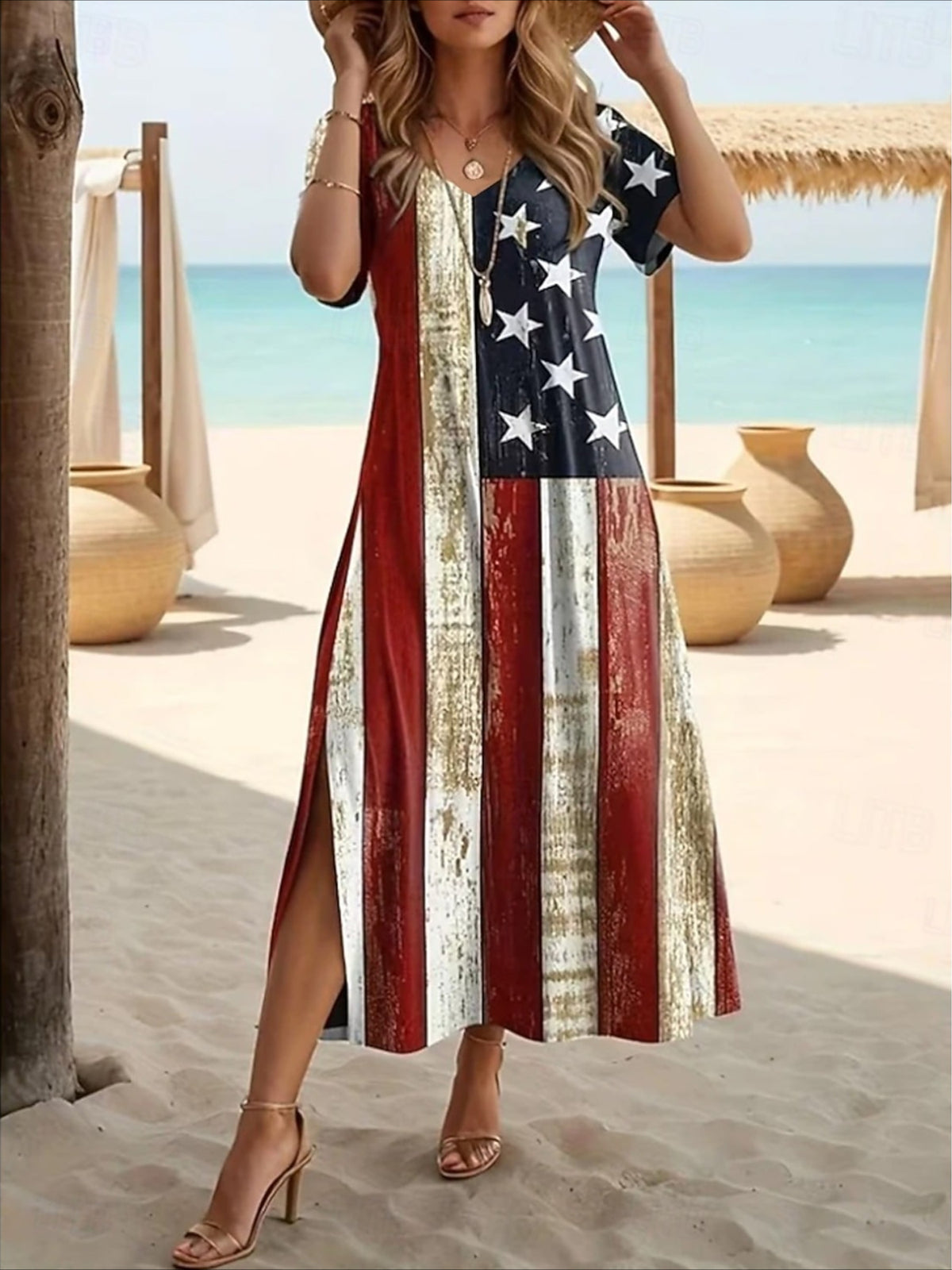 Patriotic Loose Fit Graphic Geometric Flag Short Sleeve Crewneck Maxi Dress