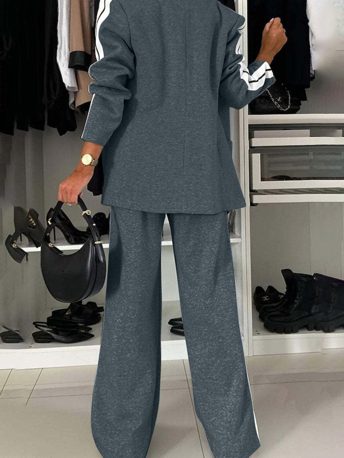 Full Size Contrast Lapel Collar Top and Pants Set