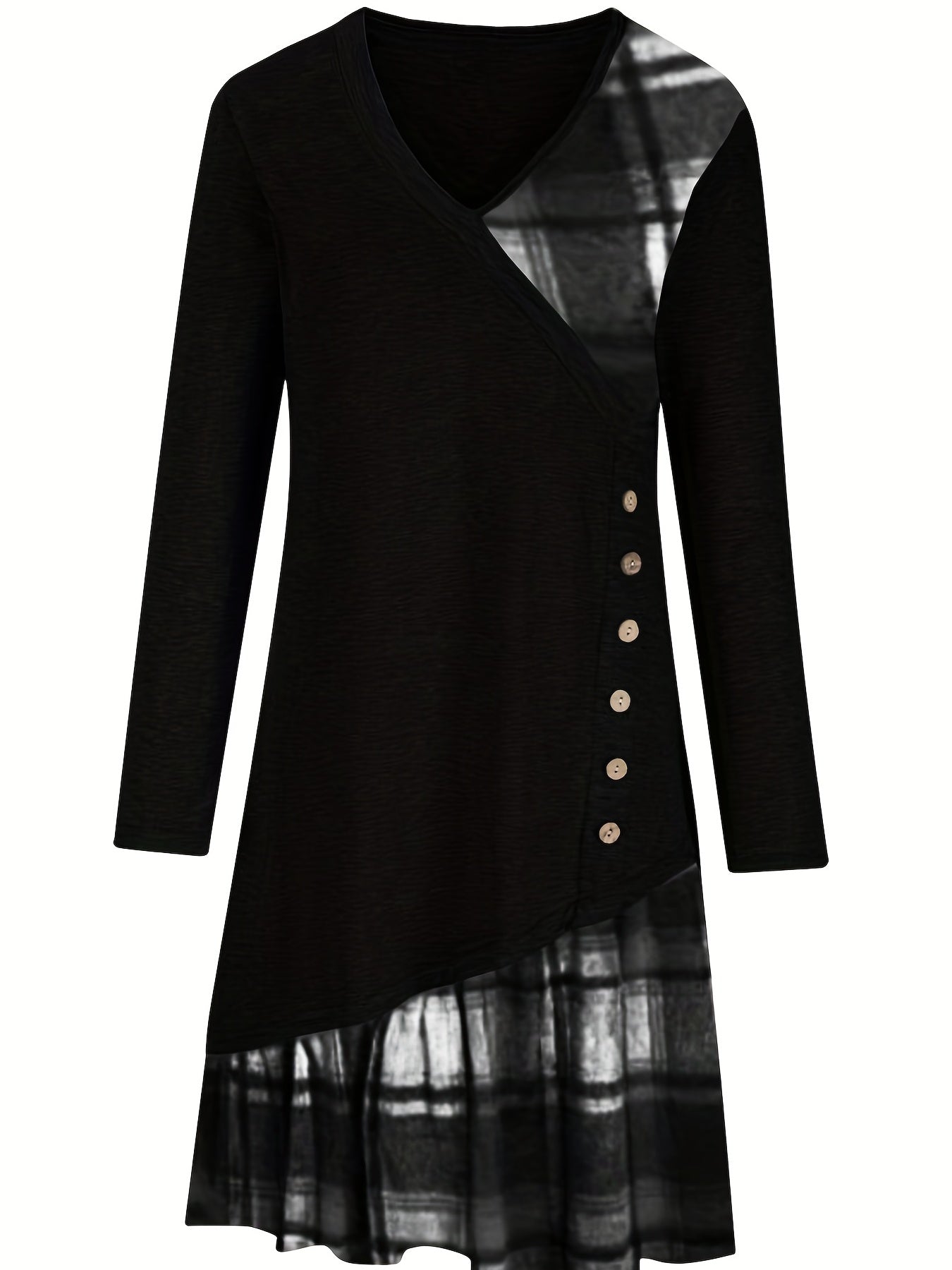 Stylish Plaid Patchwork Dress - Women's Casual Long Sleeve V Neck Ruched Asymmetrical Dresses with Button Detail