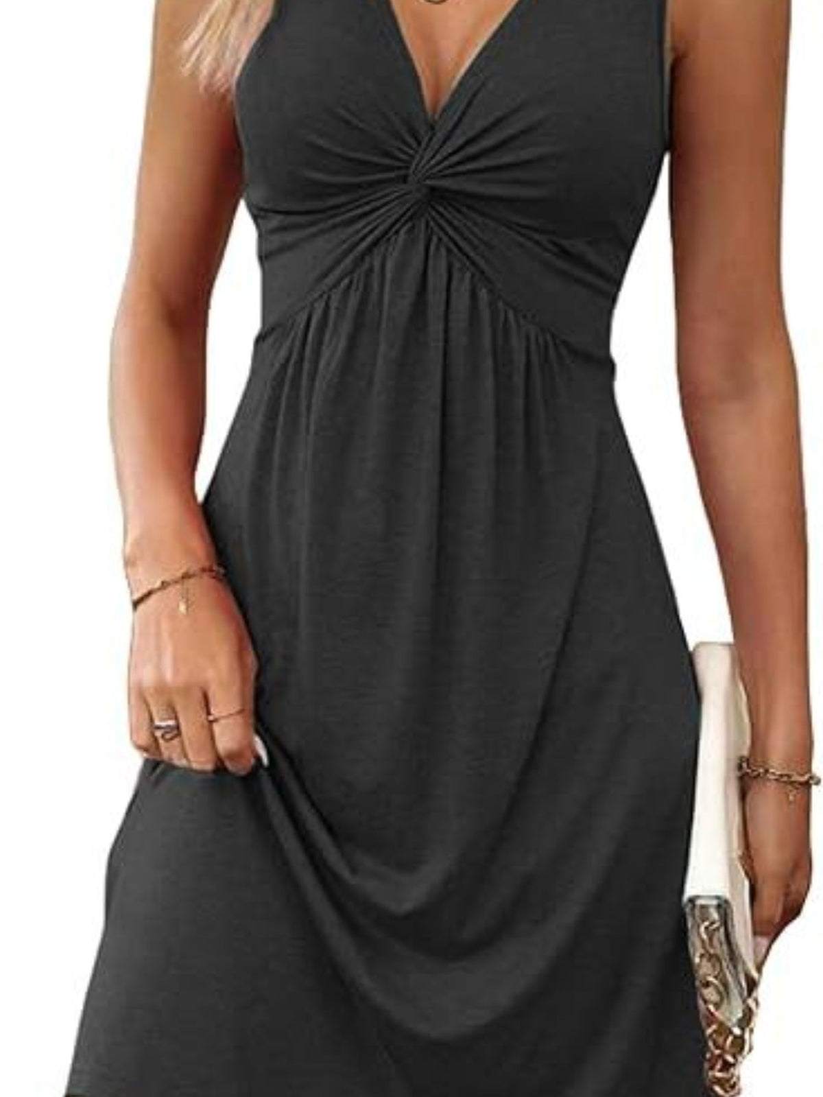 Twist Front V Neck Dress, Elegant Sleeveless Dress