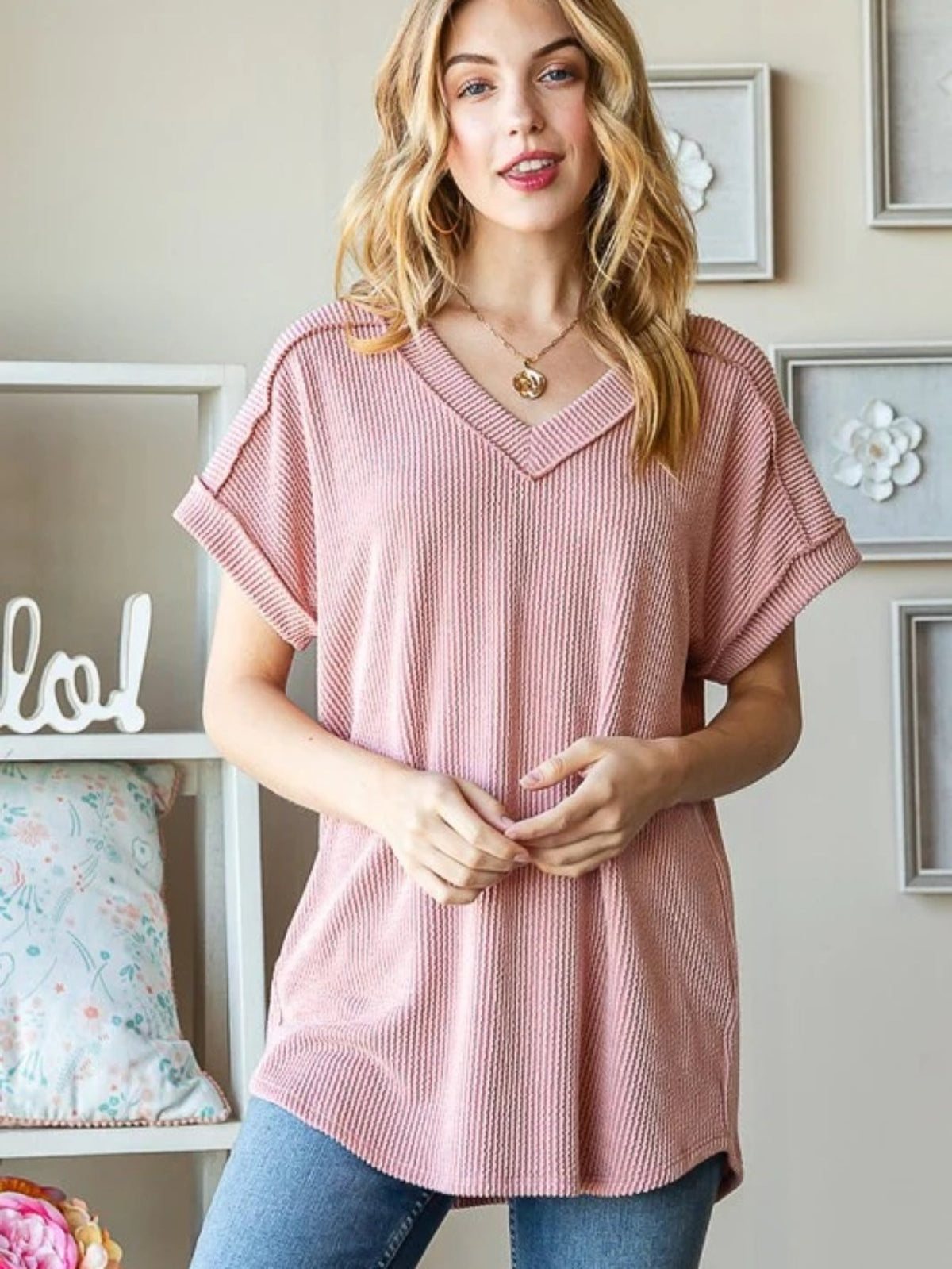 Striped jacquard knit loose-fitting V-neck short sleeve T-shirt