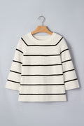 White Stripe Ribbed Knit Half Sleeve Loose Sweater Tee