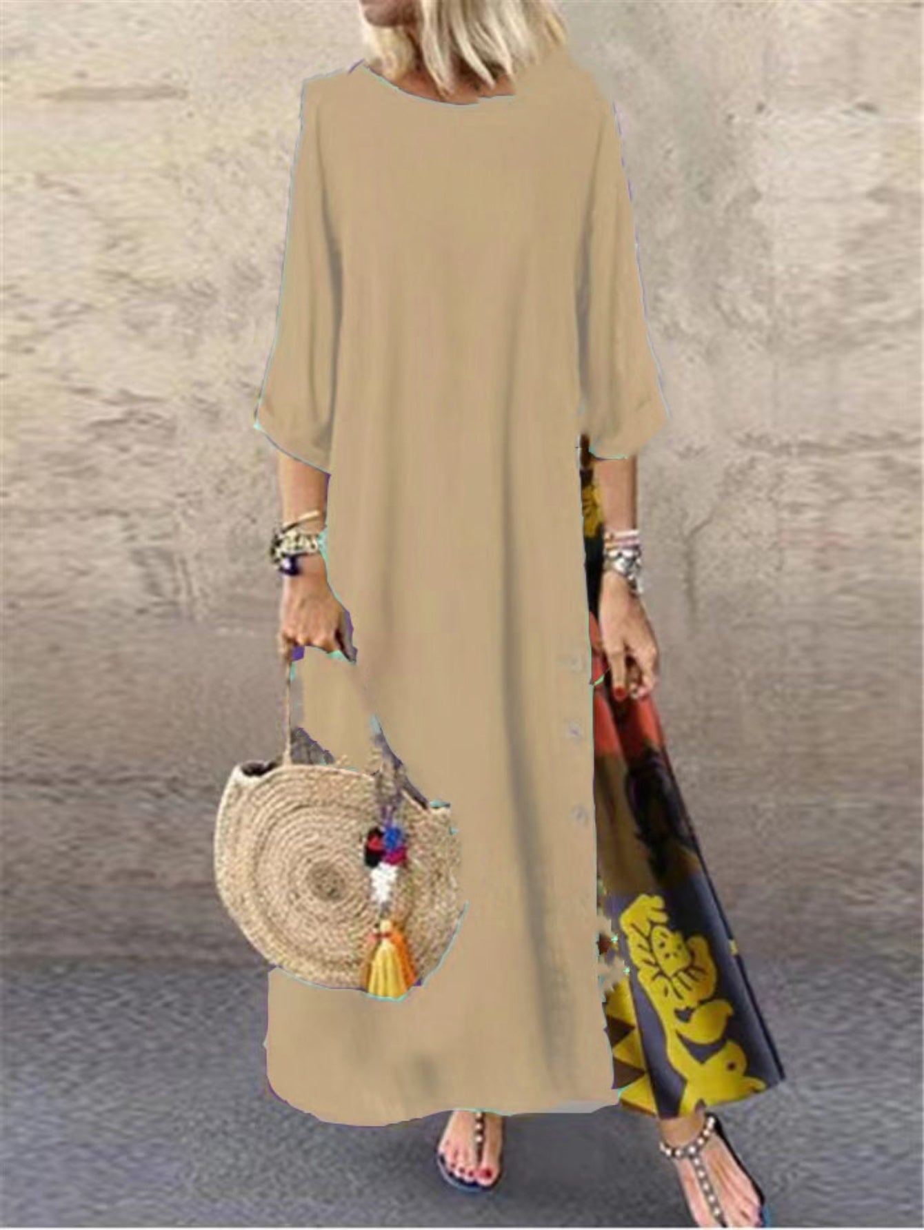 Tribal Print Crew Neck Panel Dress, Casual Long Sleeve Loose Maxi Dress