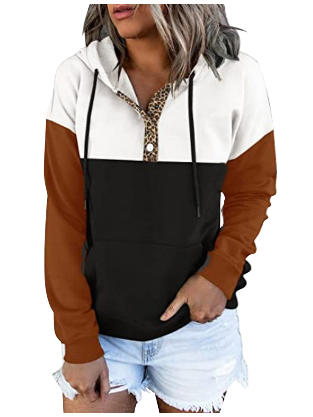 Color Block Button Drawstring Hoodie, Casual Long Sleeve Kangaroo Pocket Sweatshirt