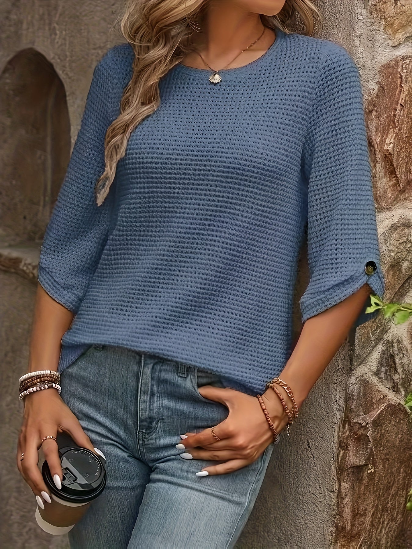 Elegant 3/4 Sleeve Loose Fit Round Neck Solid Color T-Shirt with Decorative Buttons