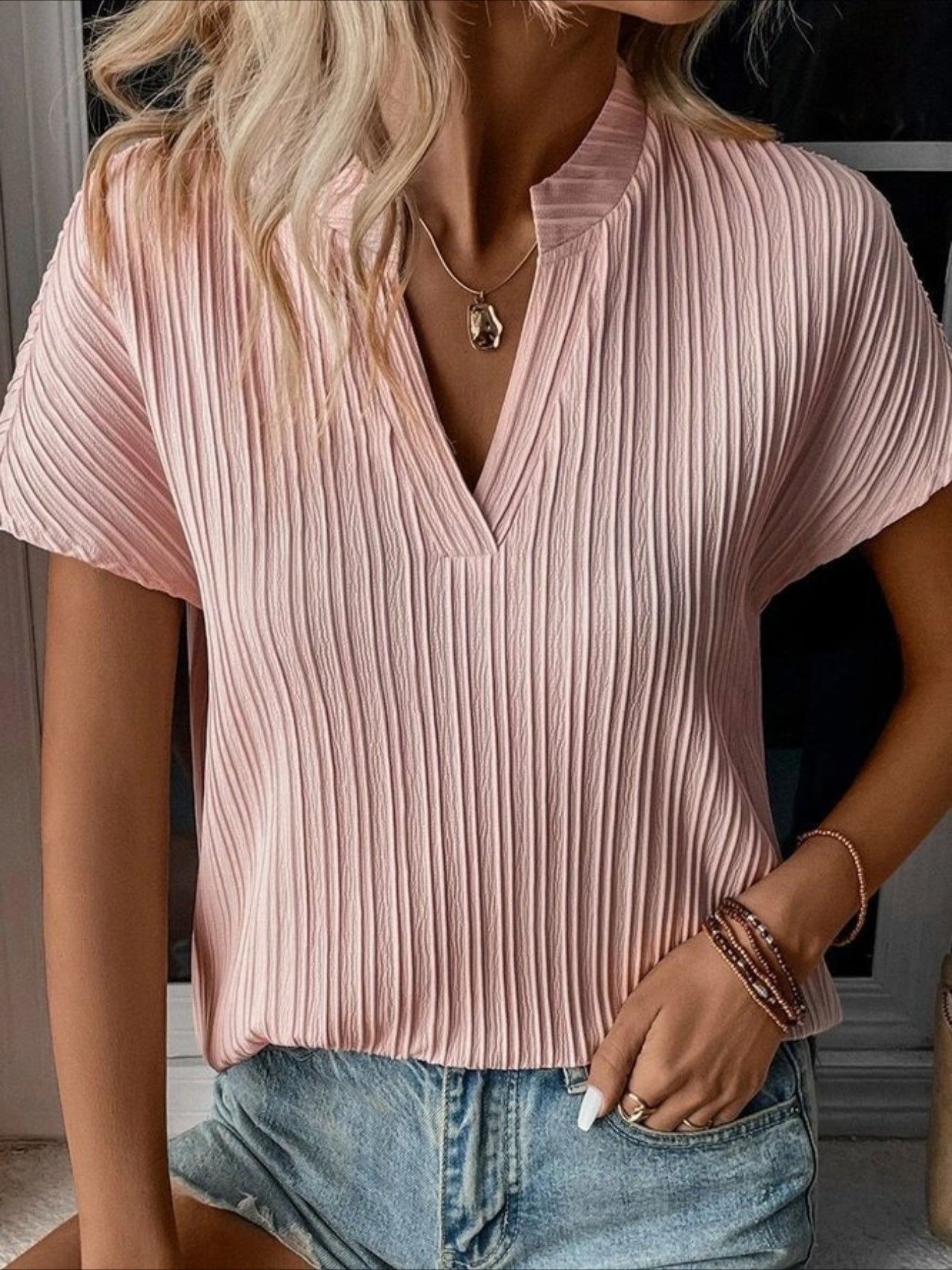 Elegant Plain V Neck Short Sleeve T-shirt