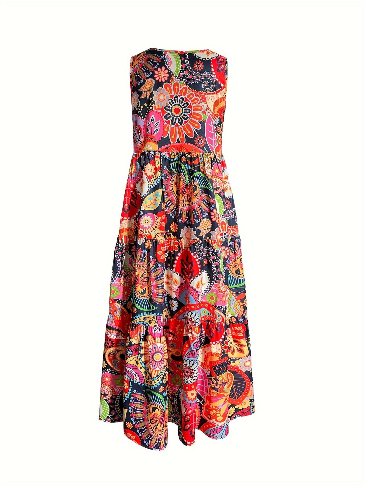 Paisley Print V Neck Maxi Dress, Vacation Sleeveless Ruffle Hem Loose Dress