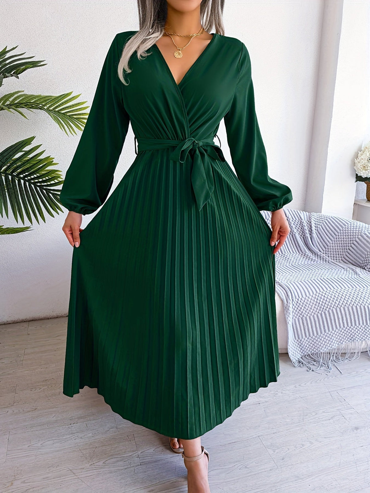 Pleated Surplice Neck Dress, Elegant Long Sleeve Solid Dress, Women's Clothing