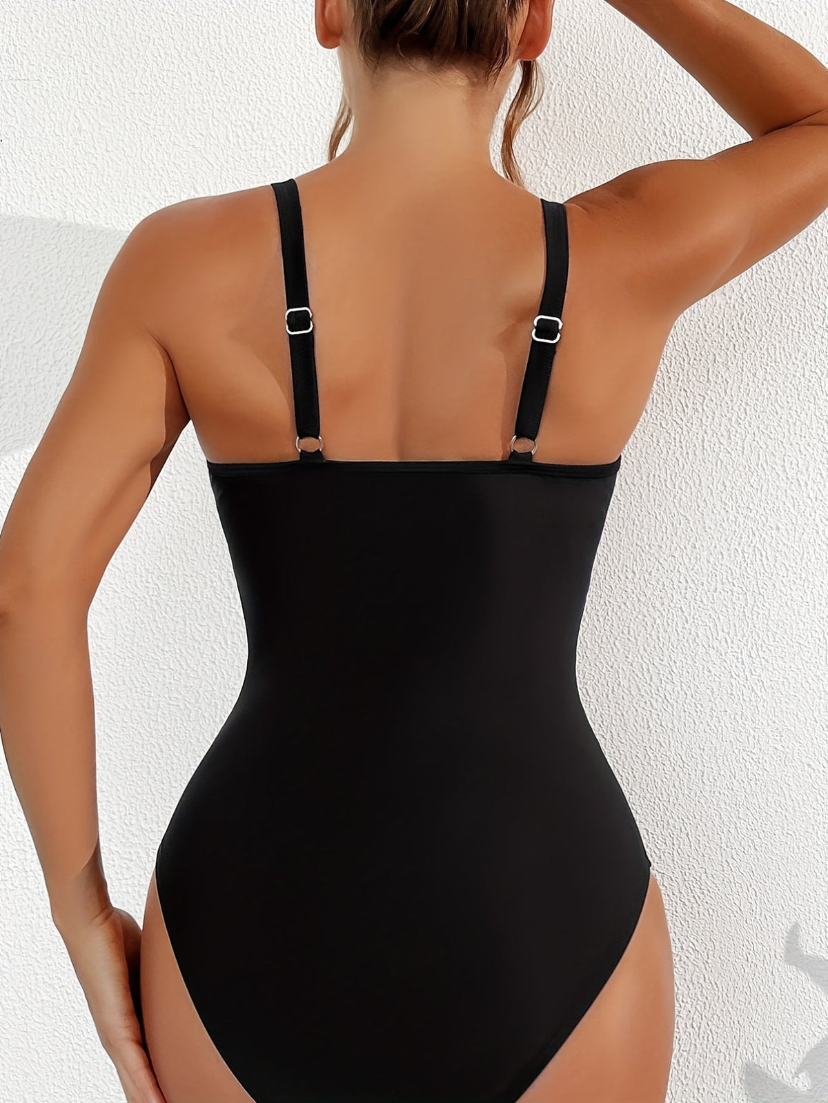 Solid Mesh Contrast One-piece Swimsuit, V Neck Stretchy Ruched Bathing Suits