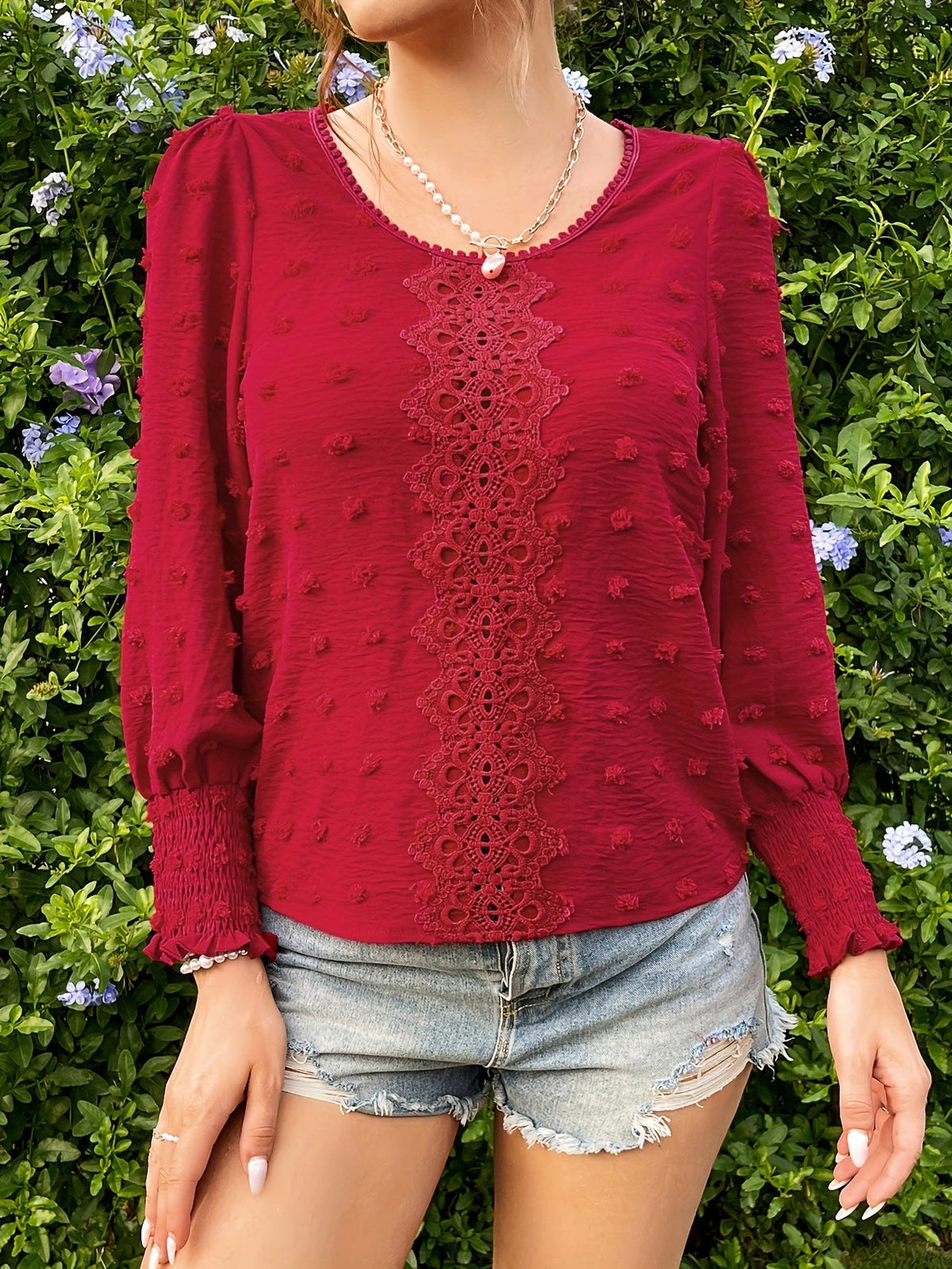 Swiss Dot Crew Neck Blouse, Elegant Long Sleeve Top