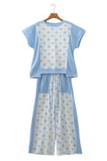 Sky Blue Color Block Patchwork Polka Dot Wide Leg Pant Set