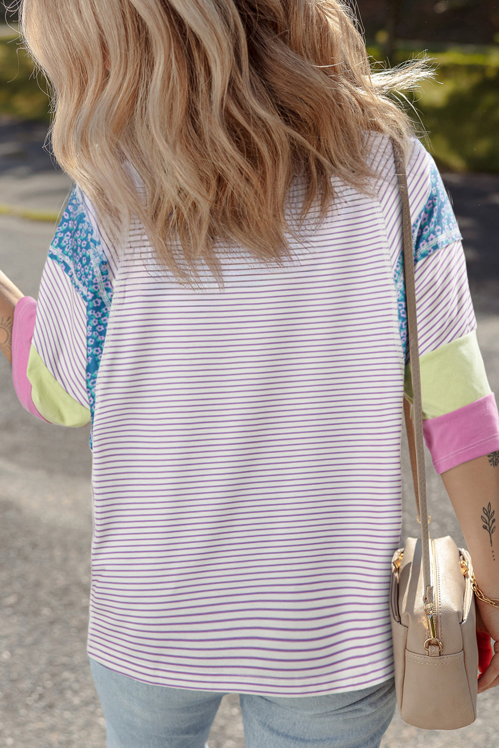 Purple Stripe Floral Color Block Raw Edge Patchwork Bracelet Sleeve Blouse