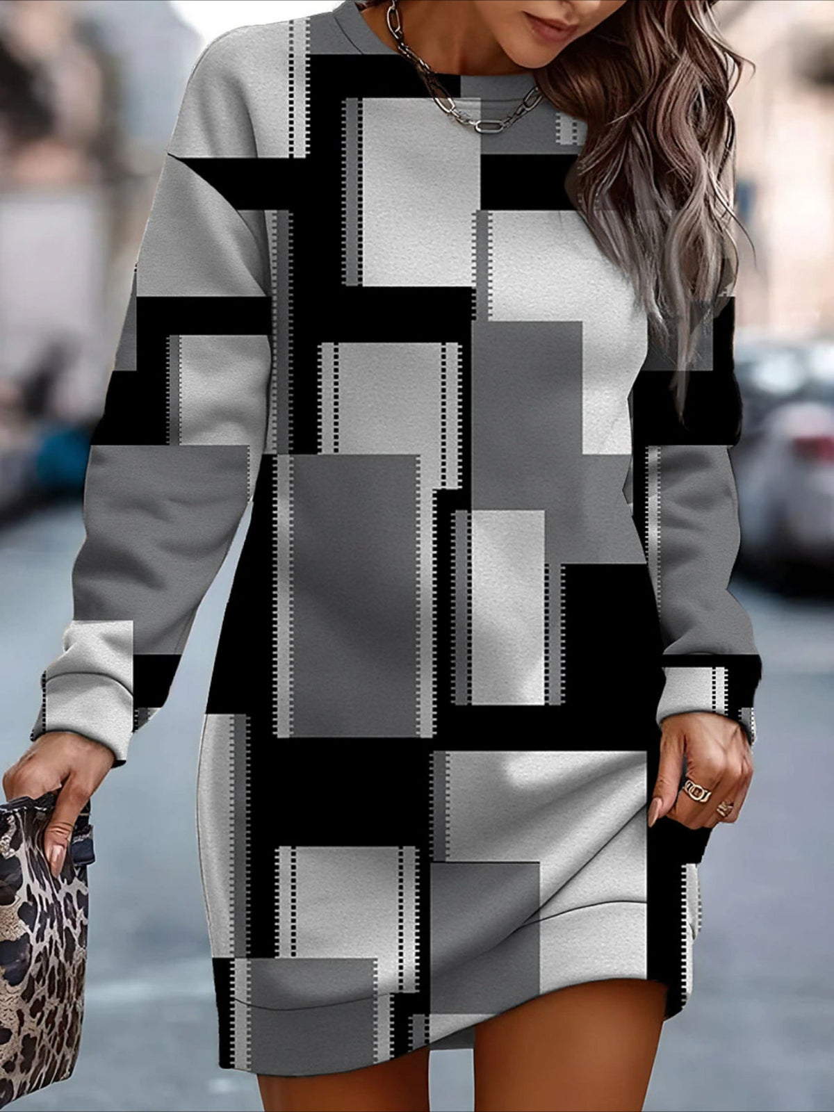 Women's Casual Geometric Pattern Long Sleeve Sweatshirt Dress - Polyester Knit Fabric, Fitted Style, Round Neck