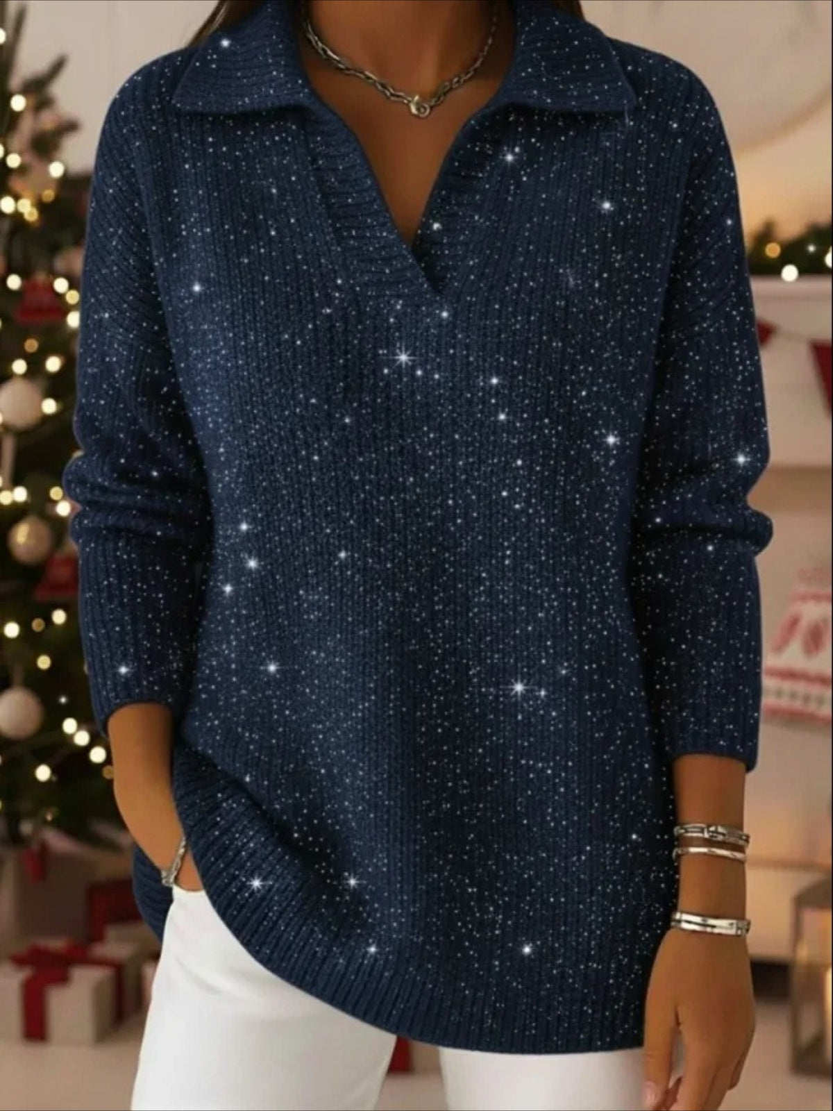 Party Polo Collar Shiny Loose Sweater Top