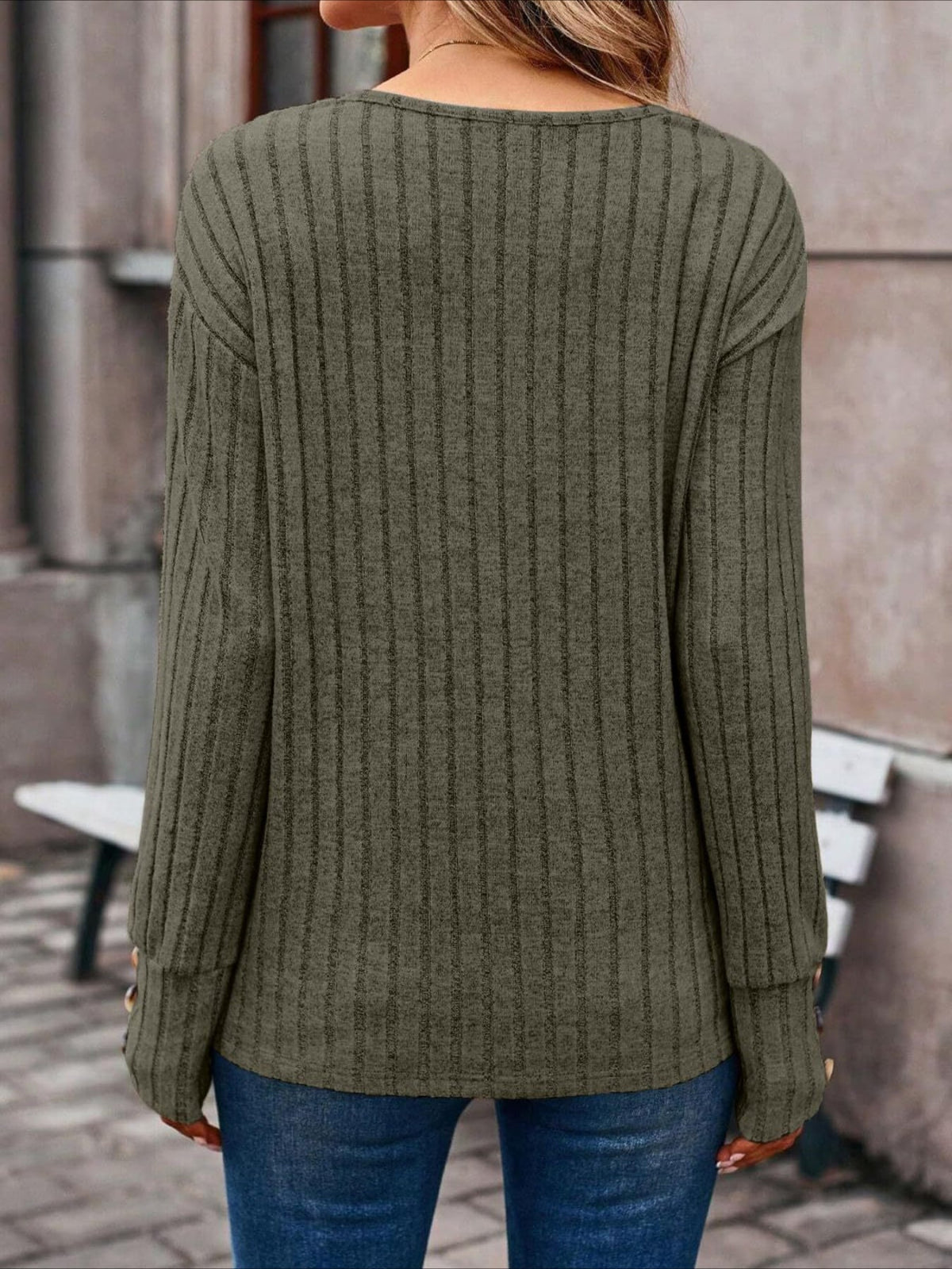 Womens Ribbed Button Detail T-Shirt - Fashionable V-Neck Long Sleeve Top