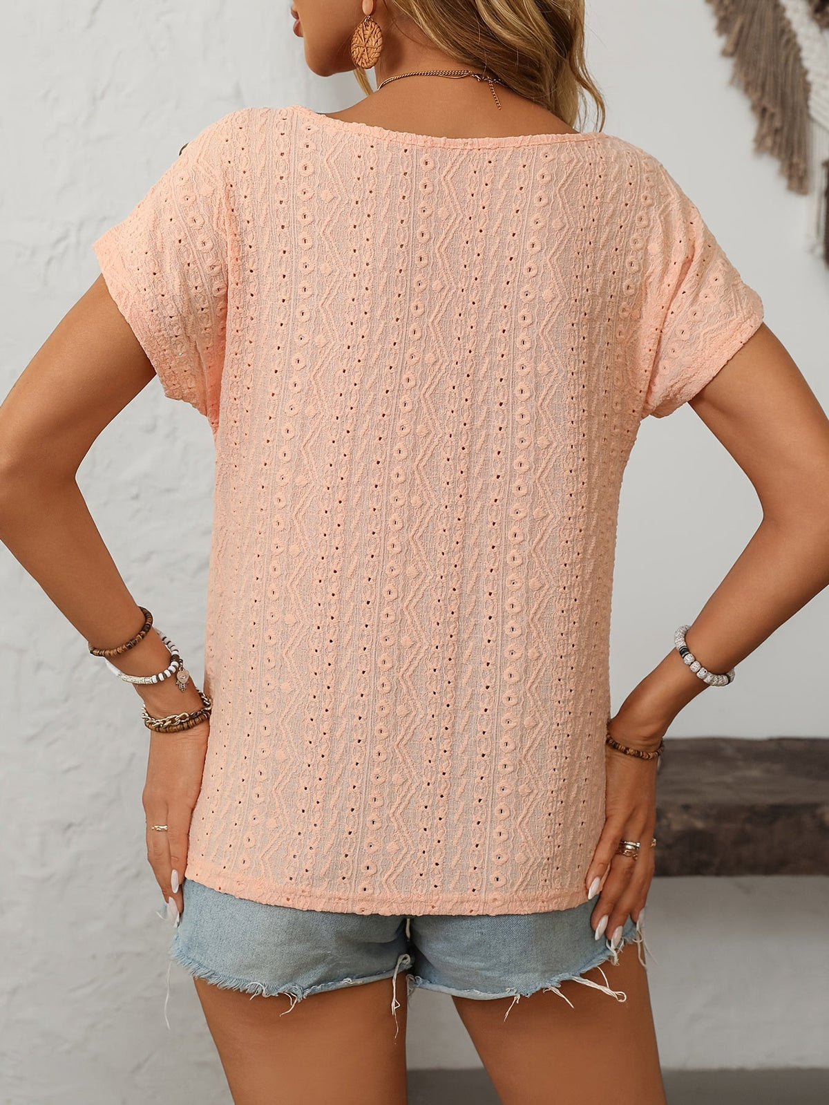 Solid Color Round Neck Shoulder Button Embroidery Hollow Short Sleeved T-shirt