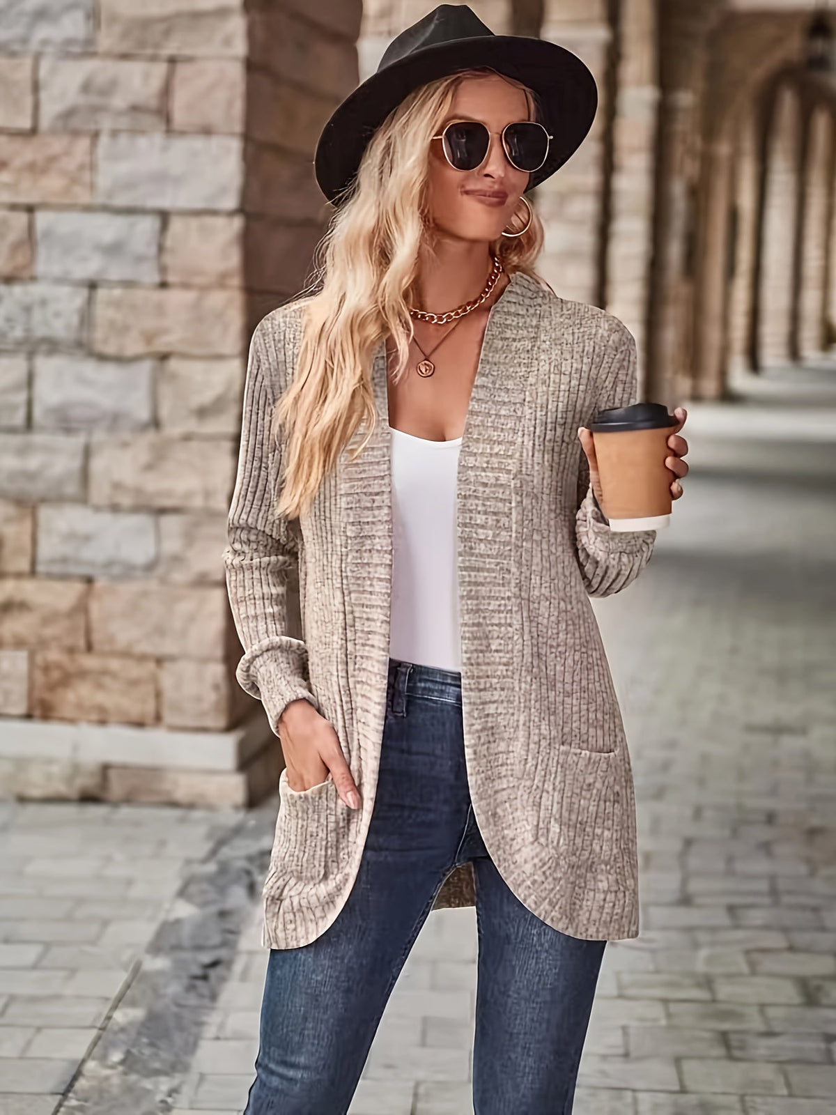 Solid Open Front Cardigan, Casual Long Sleeve Drop Shoulder Outwear