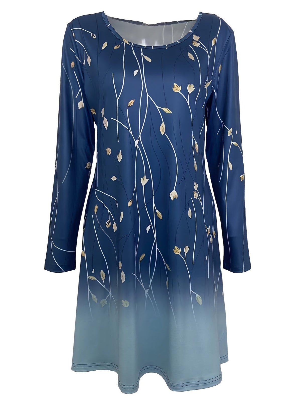 Graphic Print Long Sleeve Dress, Casual Crew Neck Midi Dress
