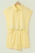 Yellow Cream Loose Polo Tee Elastic Waist 2pcs Short Set