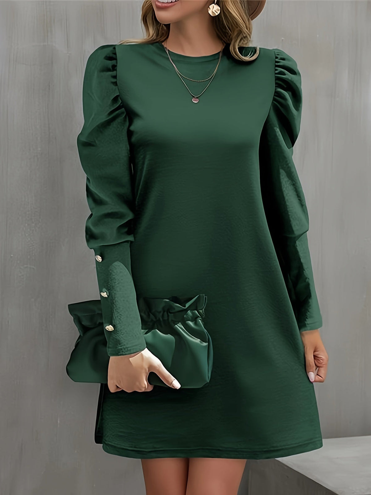 Solid Crew Neck Dress, Elegant Puff Sleeve Button Decor Dress
