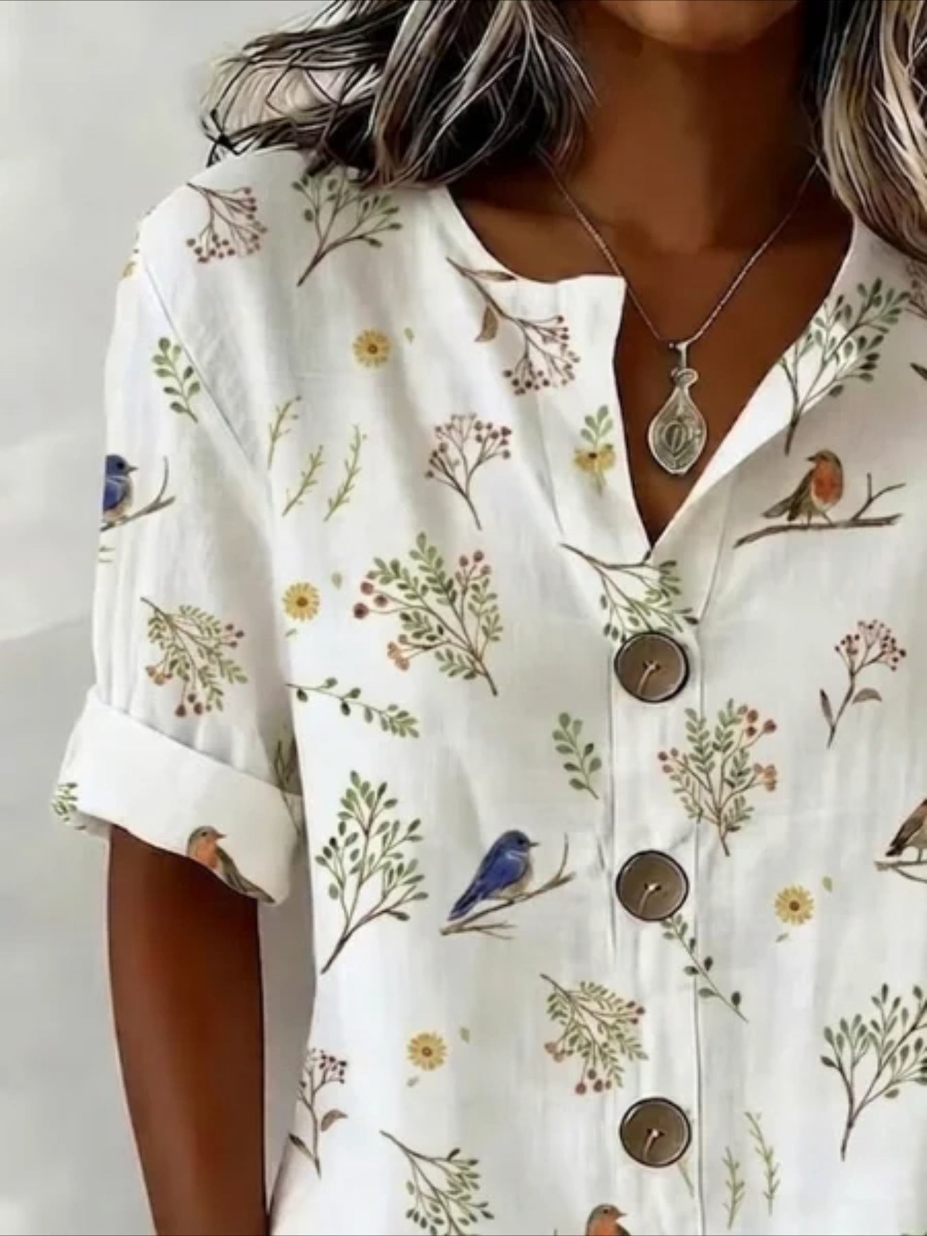 Floral Loose Stand Collar Simple Linen Blend Long Sleeve Shirt