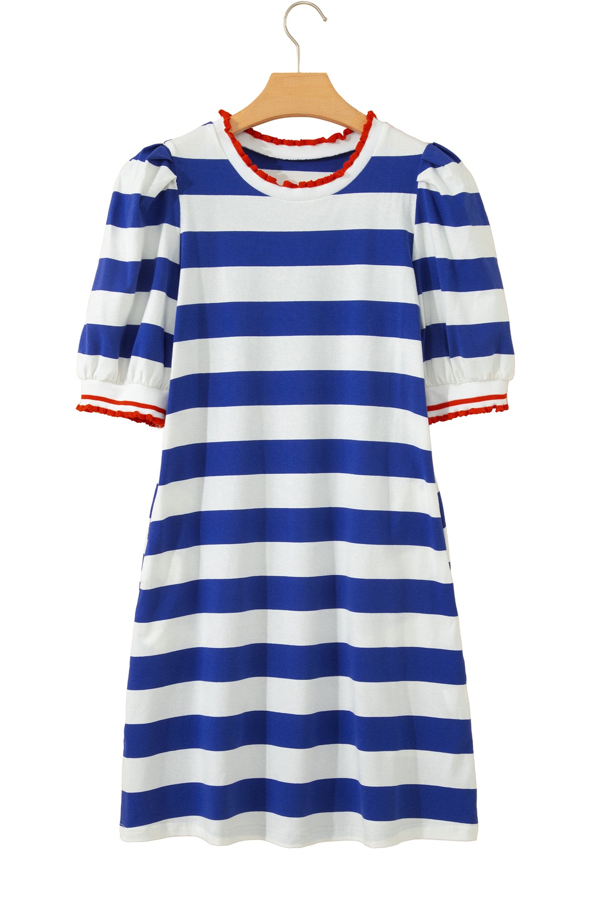 Blue Stripe Contrast Trim Round Neck Short Puff Sleeve Shift Mini Dress