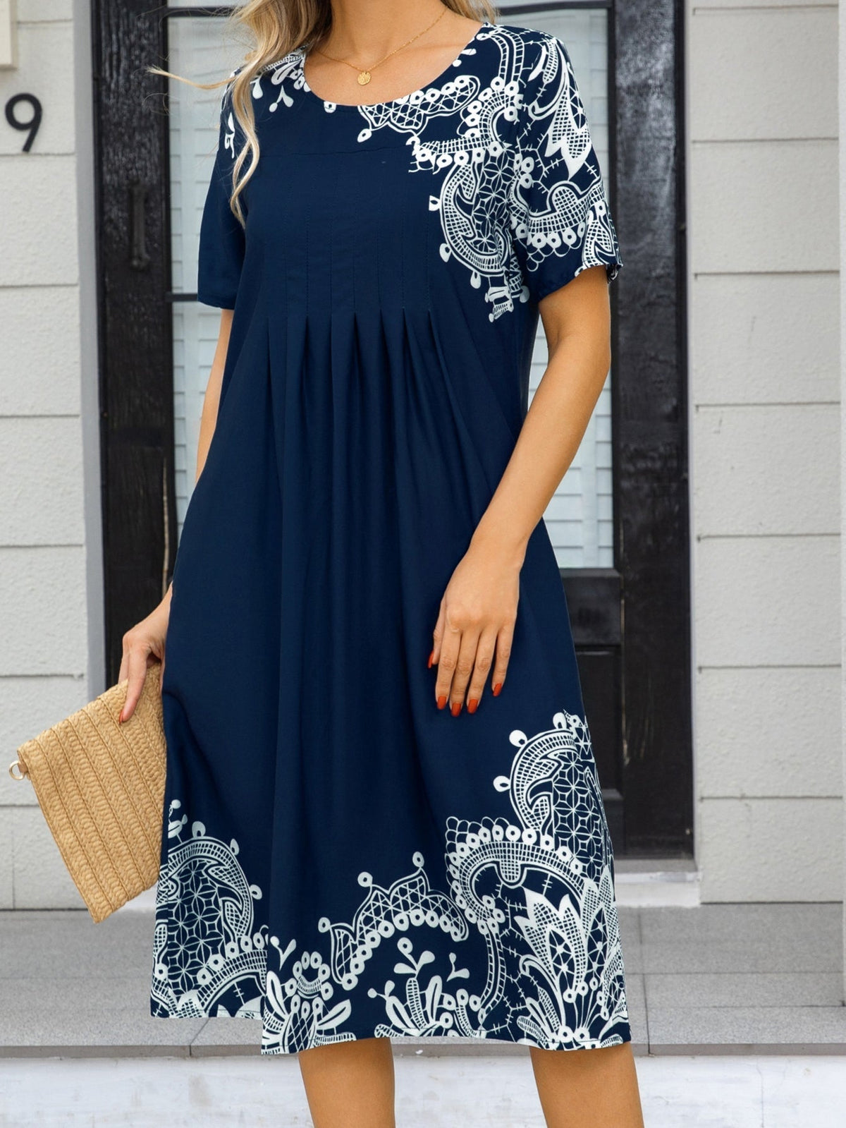 Mandala Print Short Sleeve Tucked Dress, Casual Crew Neck Dress