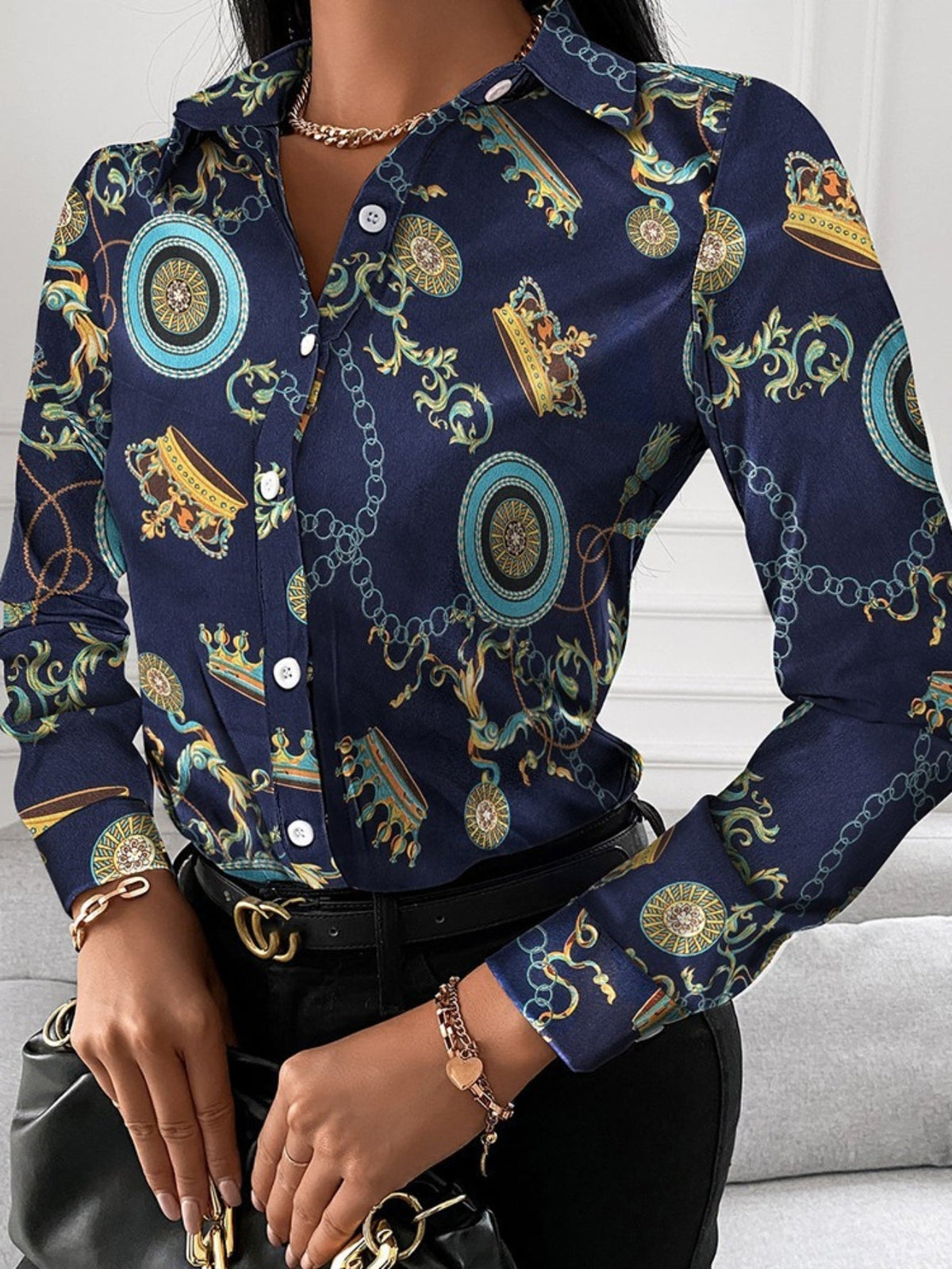 Women's Blouse V-neck Print Button Long Sleeve Loose Fall Blouse