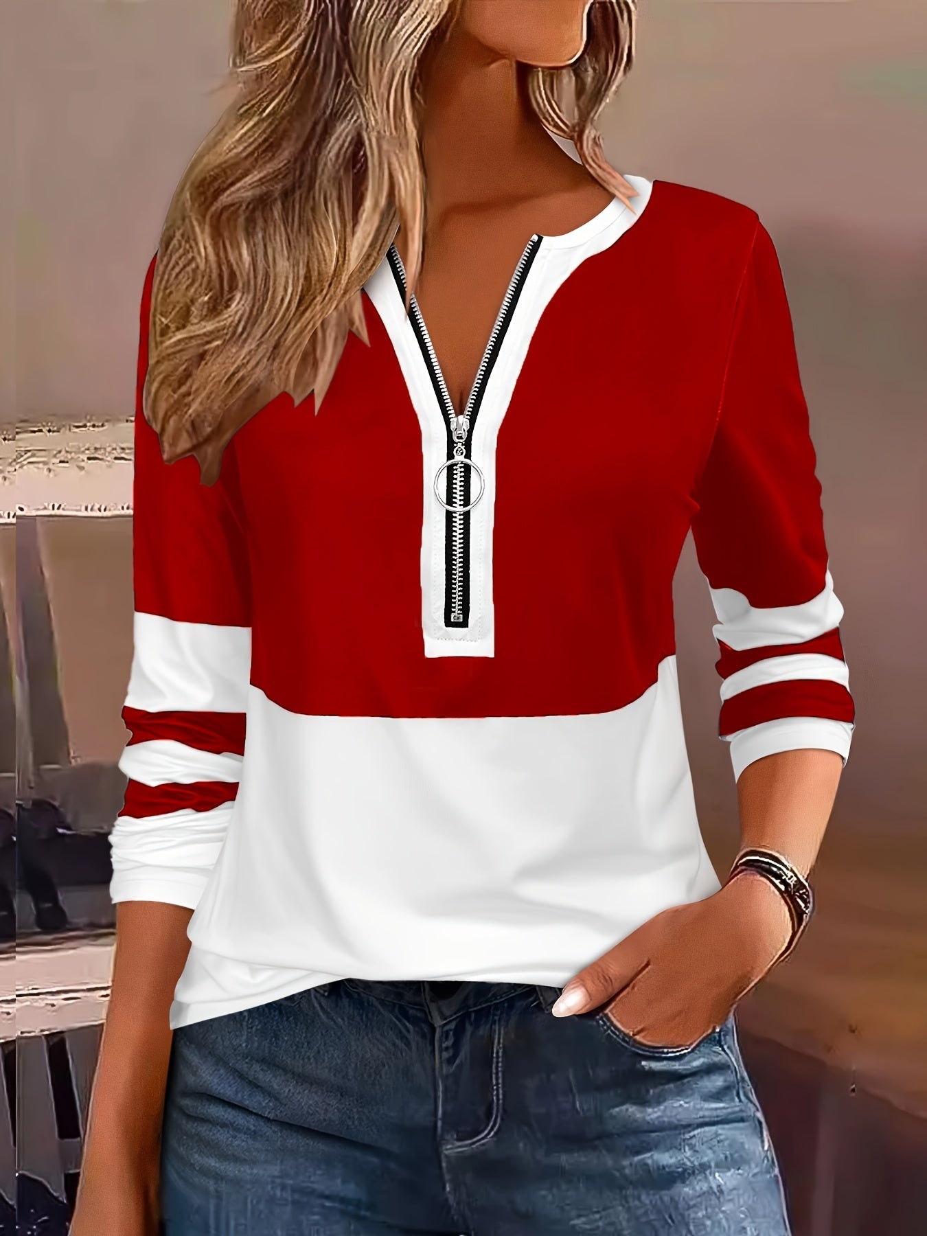 Stylish Color Block V-Neck Long Sleeve T-Shirt with Zipper Detail