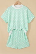 Green Polka Dot Print Color Block Trim Mock Neck Short Set