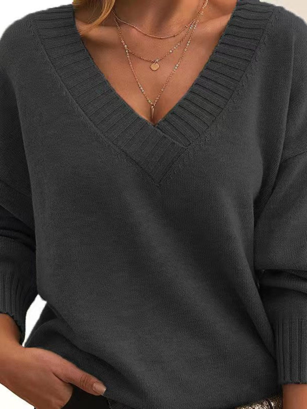 Solid Simple Knit Sweater, Casual V Neck Long Sleeve Sweater