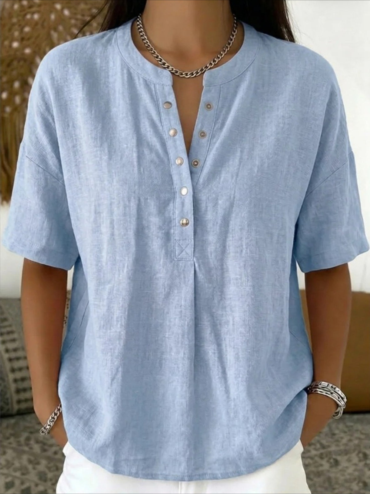 Cotton And Linen Round Neck Short Sleeve Button H-Line Daily Going Out Casual Loose Blouse