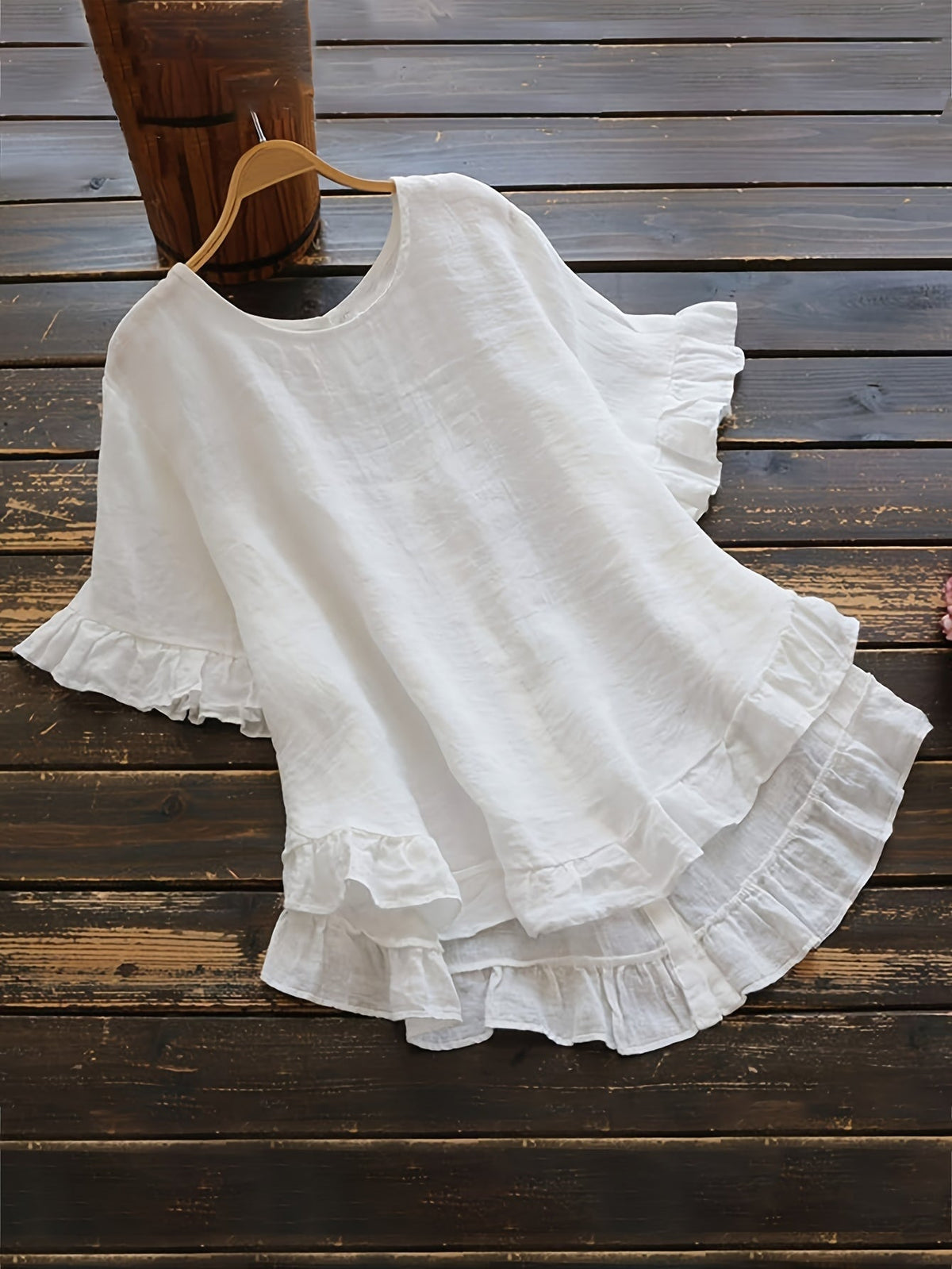 Solid Button Back Ruffled Trim Blouse, Casual Short Sleeve Blouse
