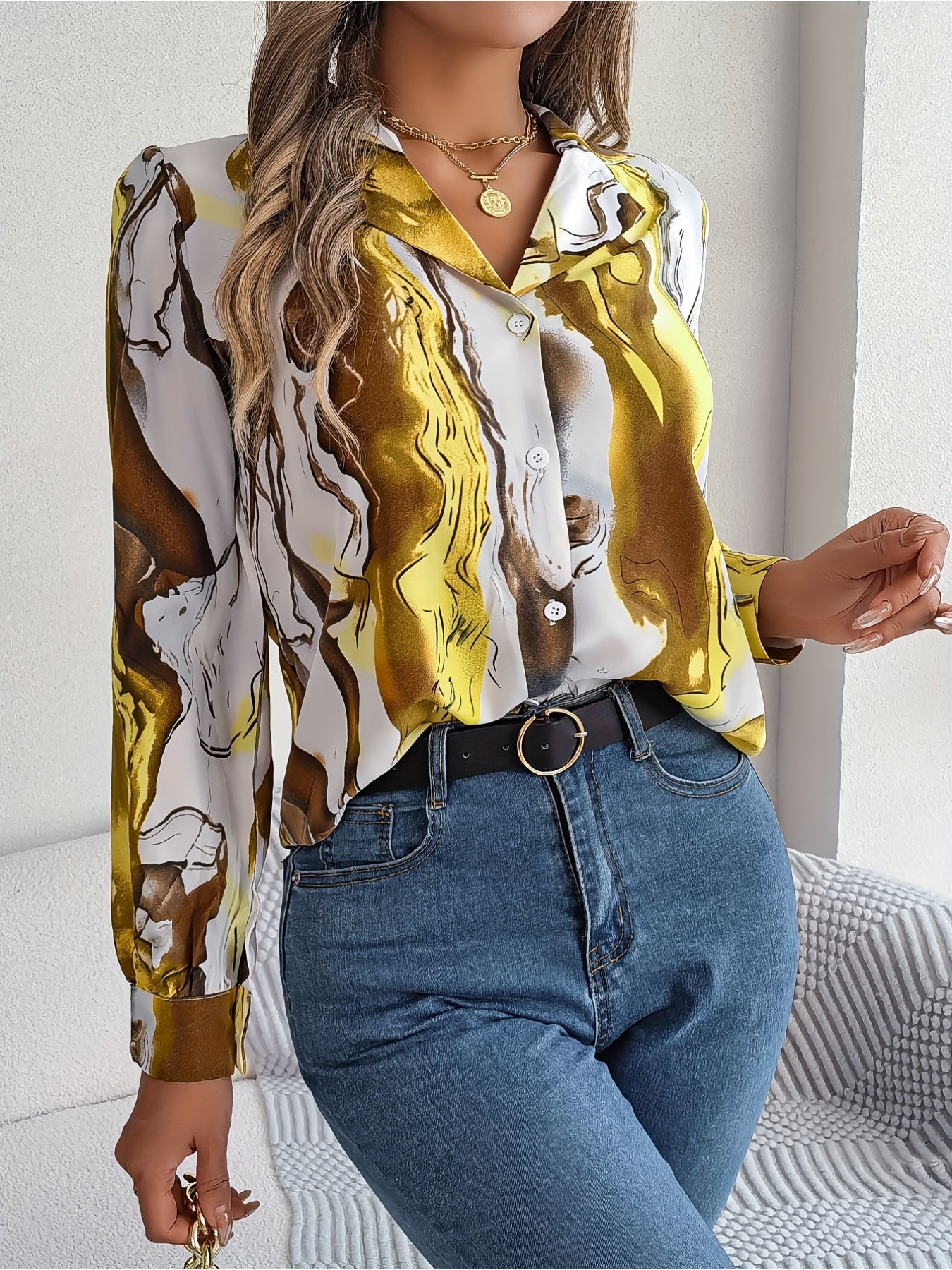 Graphic Print Button Front Shirt, Casual Long Sleeve Shirt