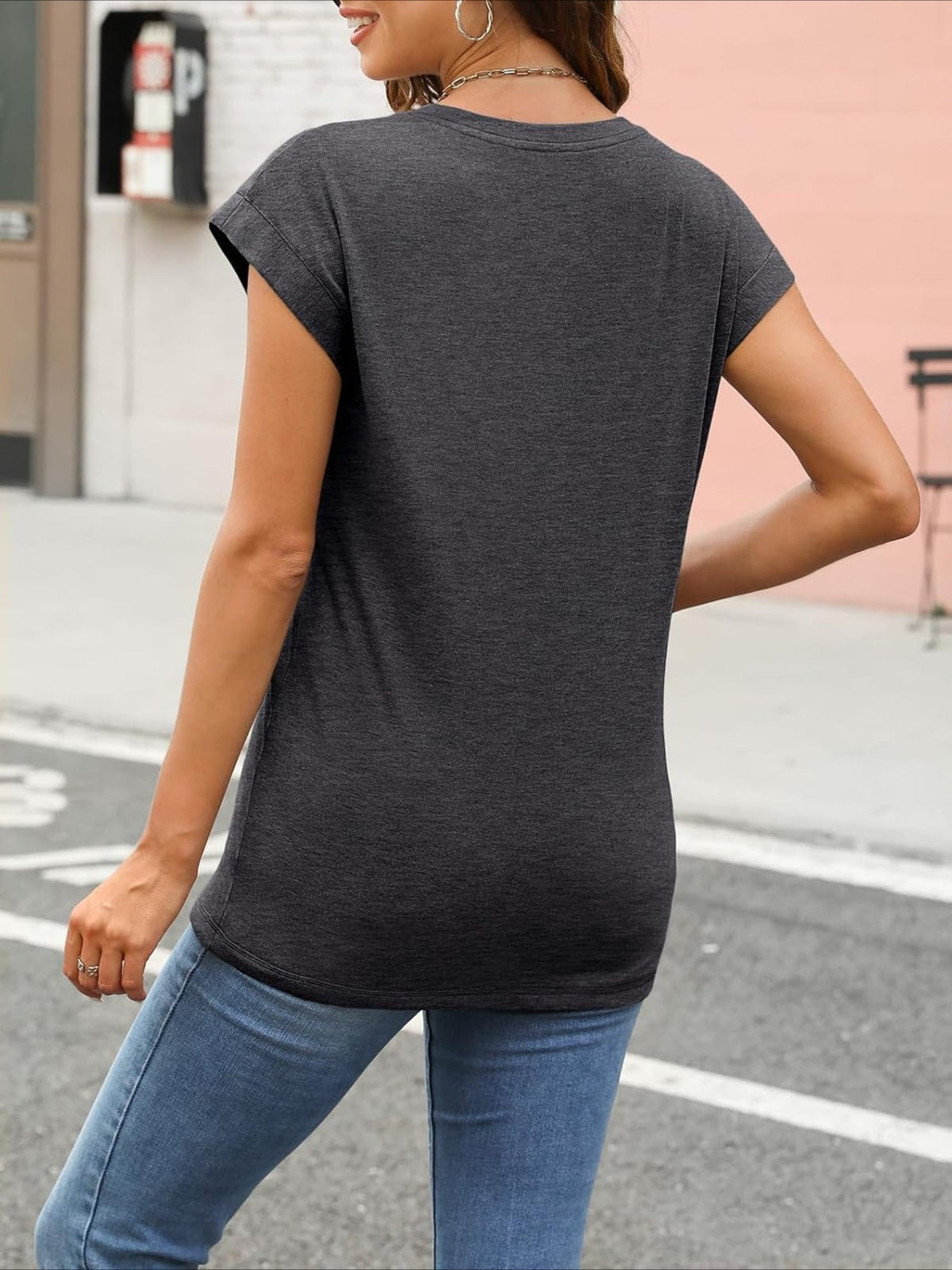 Solid Color Round Neck Cap Sleeve T Shirts