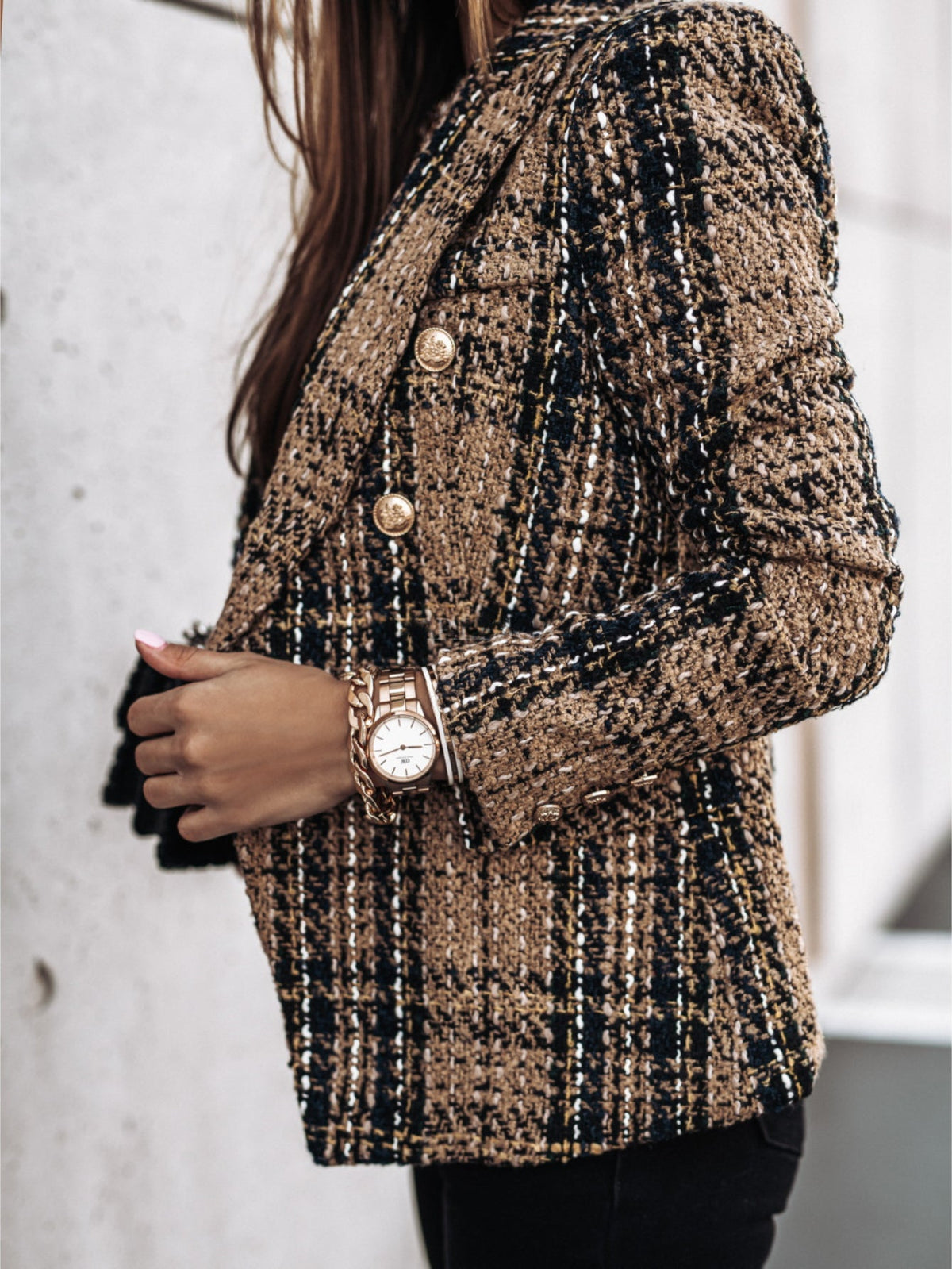 Double-breasted Notched Lapel Blazer, Elegant Plaid Tweed Long Sleeve Blazer For Office & Work