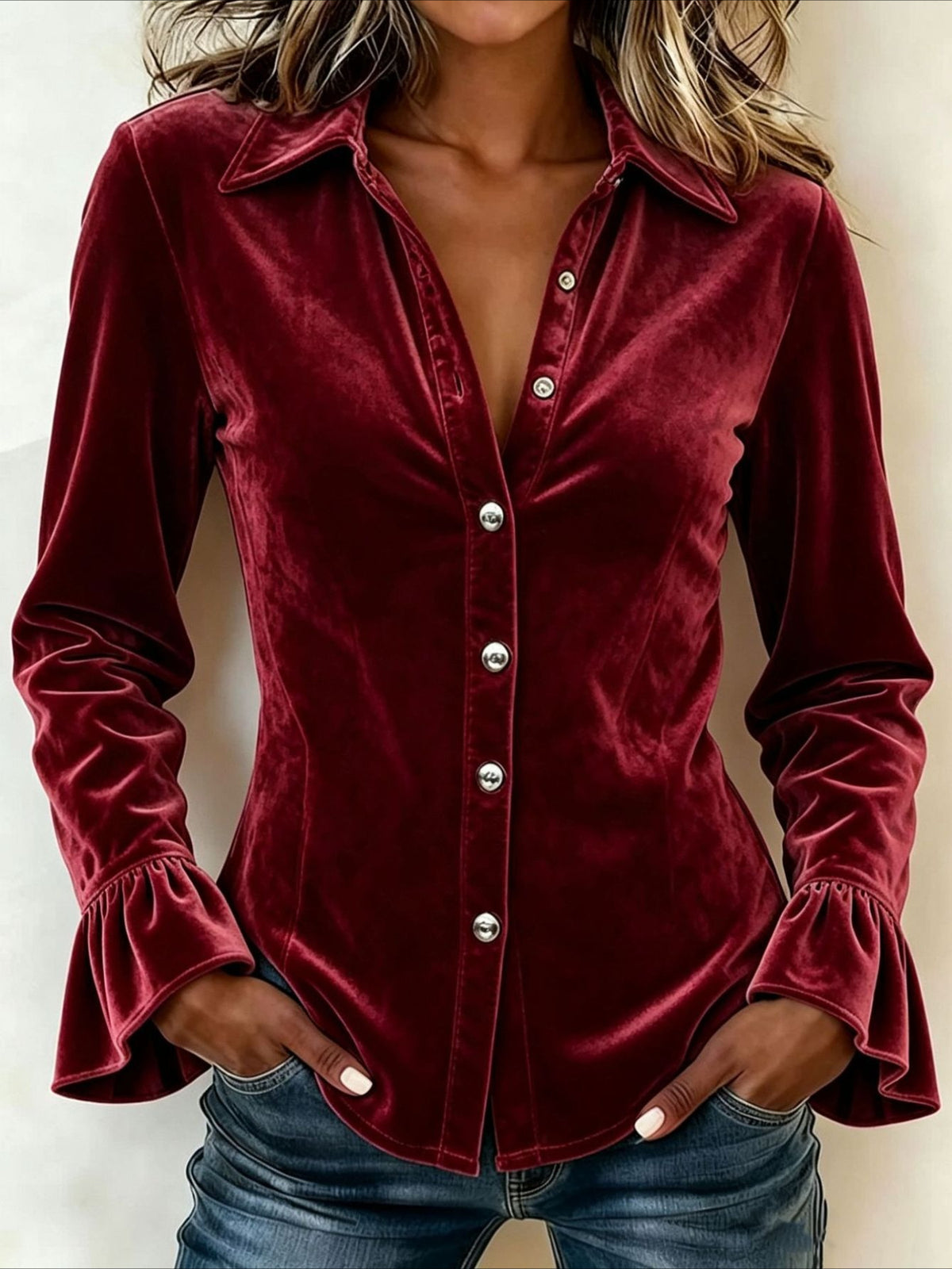 Collared Flare Sleeve Velvet Long Sleeve Shirt
