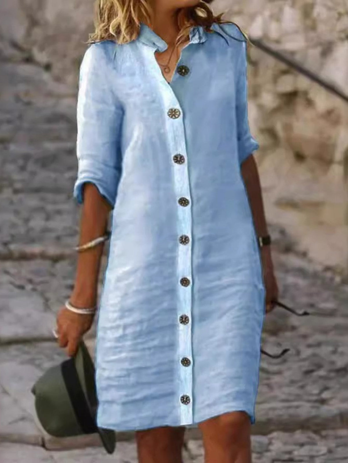 Button Front Half Sleeve Dress, Casual Solid Simple Midi Dress