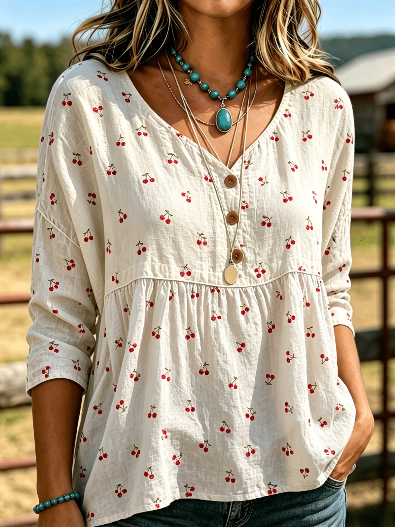 Floral Print 3/4 Sleeve V-Neck Three-Button Front Babydoll Blouse