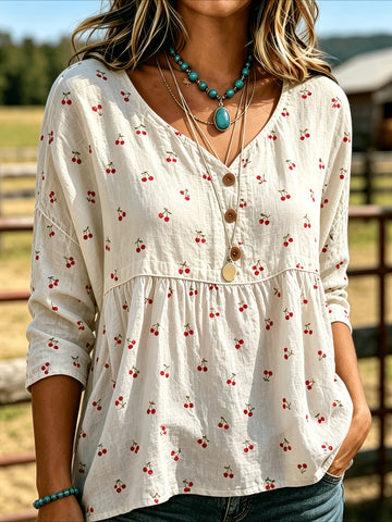 Floral Print 3/4 Sleeve V-Neck Three-Button Front Babydoll Blouse