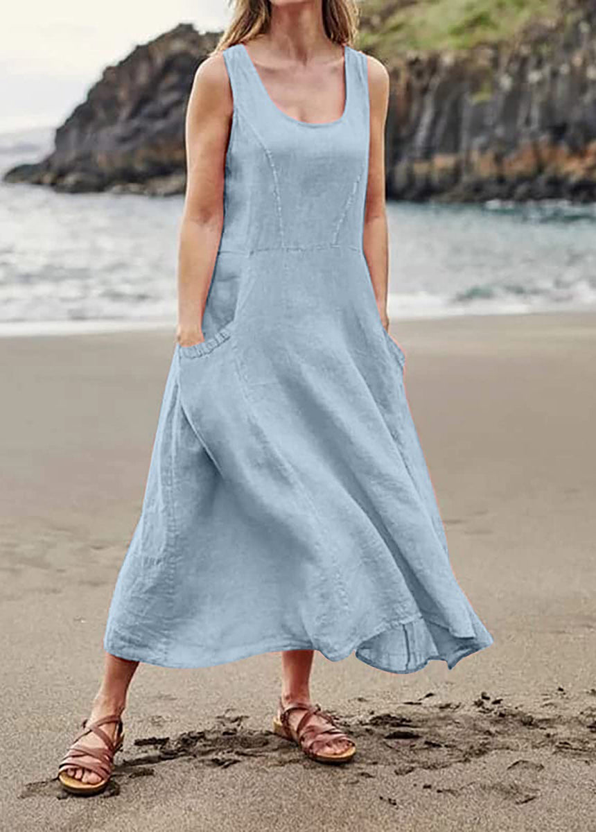 Solid Color Sleeveless Cotton And Linen Dress