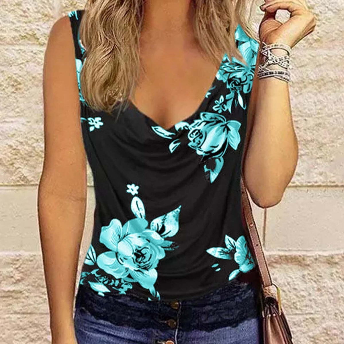Floral Printing Sleeveless Lace Patchwork Loose Neck Tank Tops