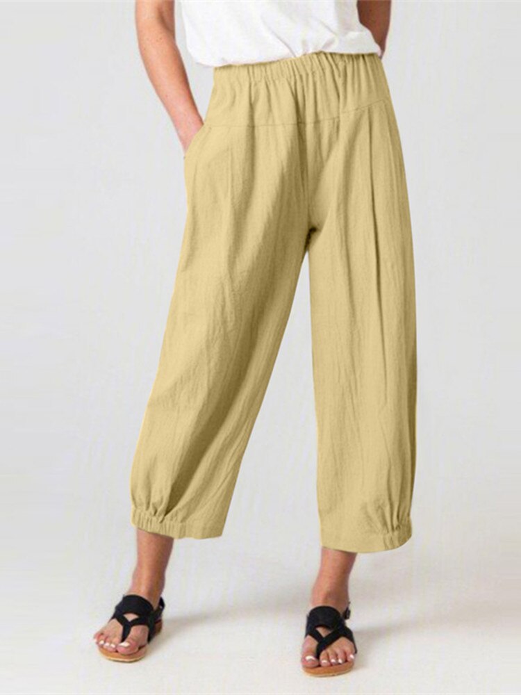 Cotton Linen Solid High Waist Women Trousers