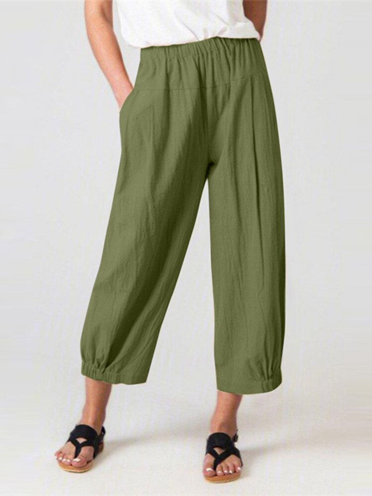 Cotton Linen Solid High Waist Women Trousers