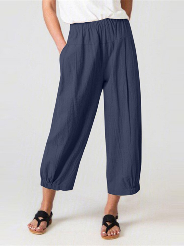 Cotton Linen Solid High Waist Women Trousers