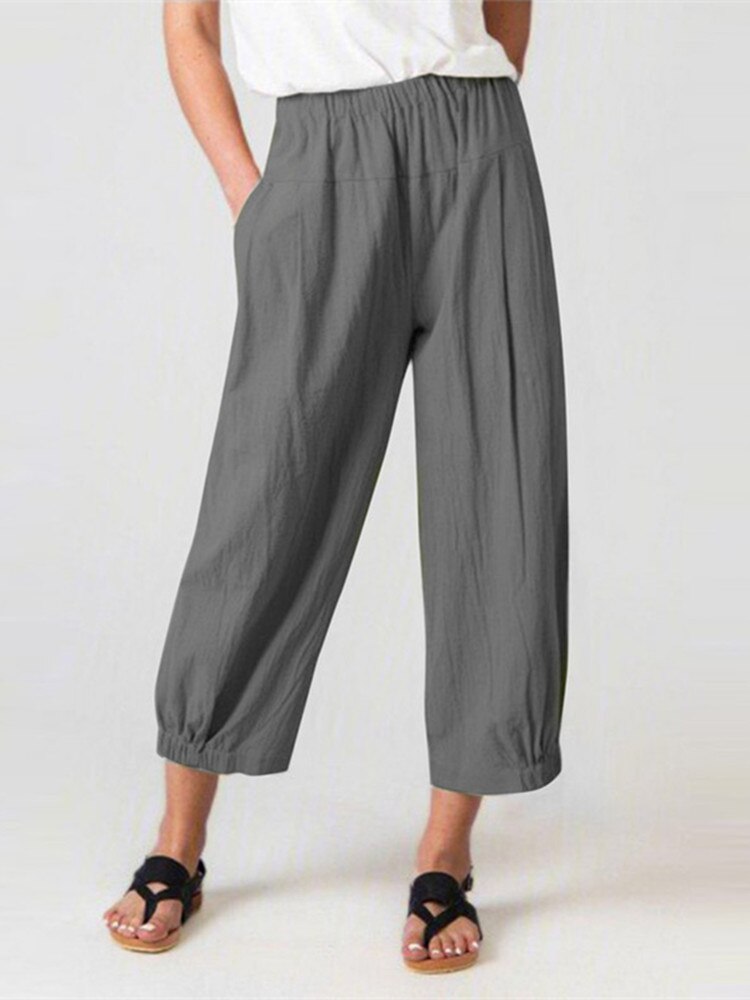 Cotton Linen Solid High Waist Women Trousers