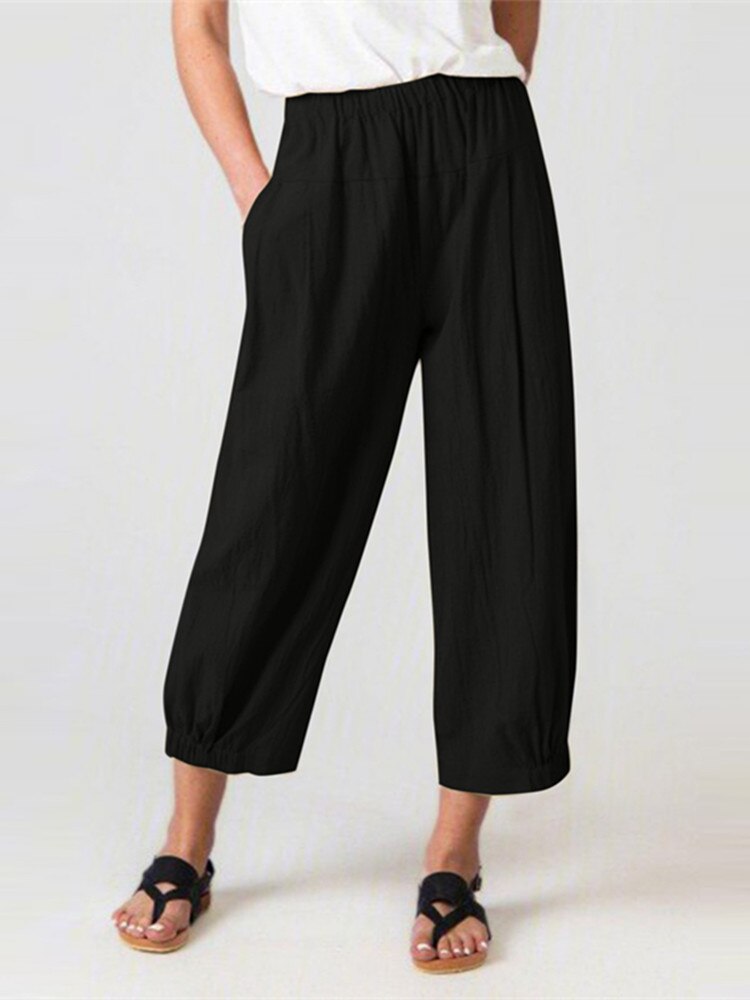 Cotton Linen Solid High Waist Women Trousers