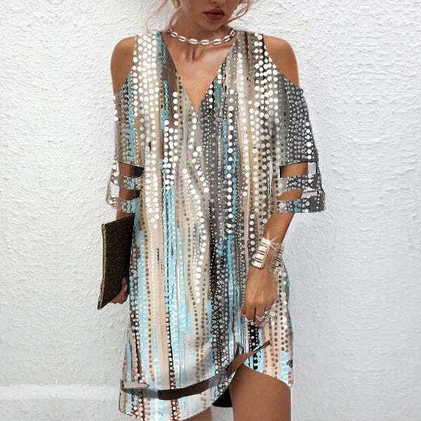 V Neck Loose Floral Print Pullover Half Sleeve Mini Dress