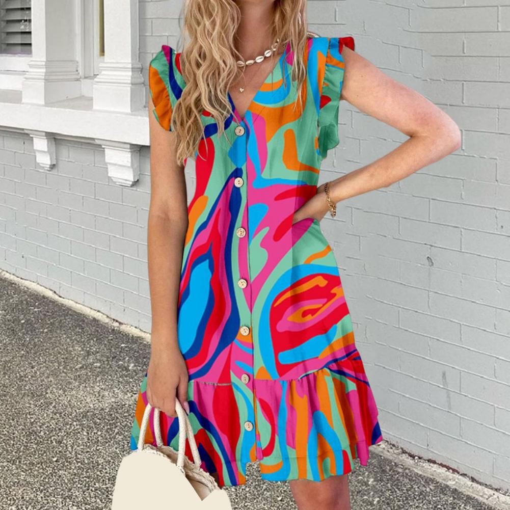 Elegant V Neck Lace Up Printed Short Sleeve Ruffle Design Flower Mini Dress