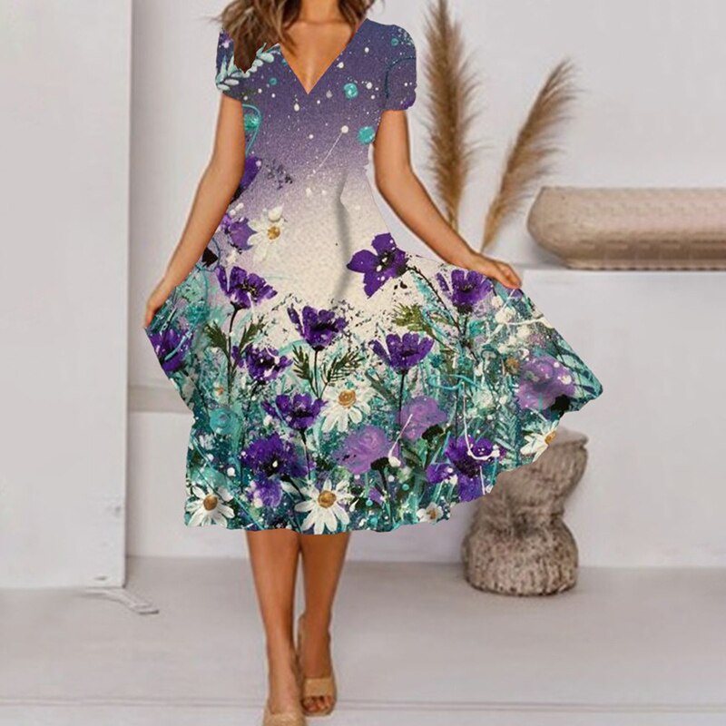 Vintage Short Sleeve V Neck Print Floral Elegant Bohemia Midi Dress